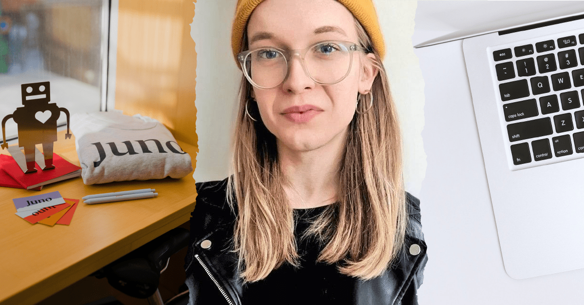 Three images: a Juno sweater next to a toy robot, a headshot of Juno College Bootcamp student Dana Teagle, and a laptop keyboard