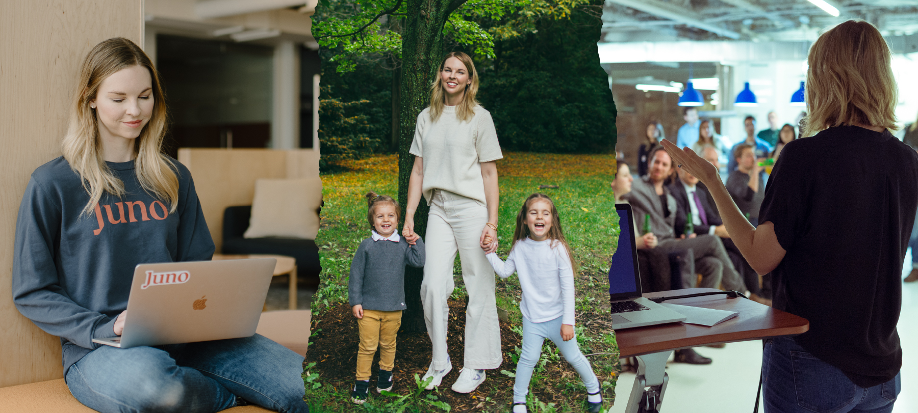 Three images: Heather Payne working at Juno College, in a park holding her kids' hands, and speaking at an event