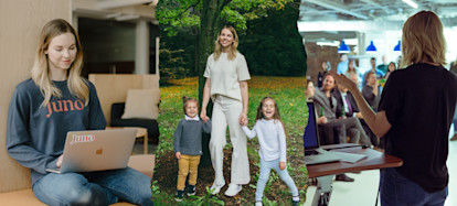 Three images: Heather Payne working at Juno College, in a park holding her kids' hands, and speaking at an event