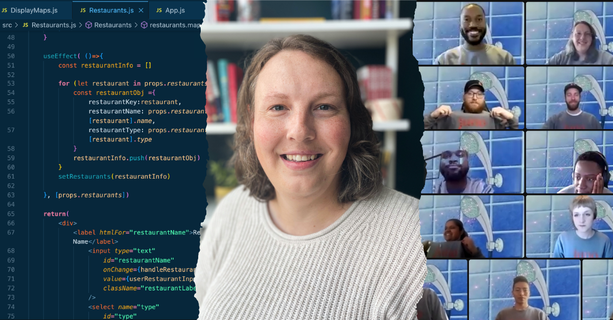 Three images: a screenshot of some code, a headshot of Kaitlyn smiling, and a screenshot of a Zoom classroom of students in Juno sweaters, all with a cartoon shower as the background