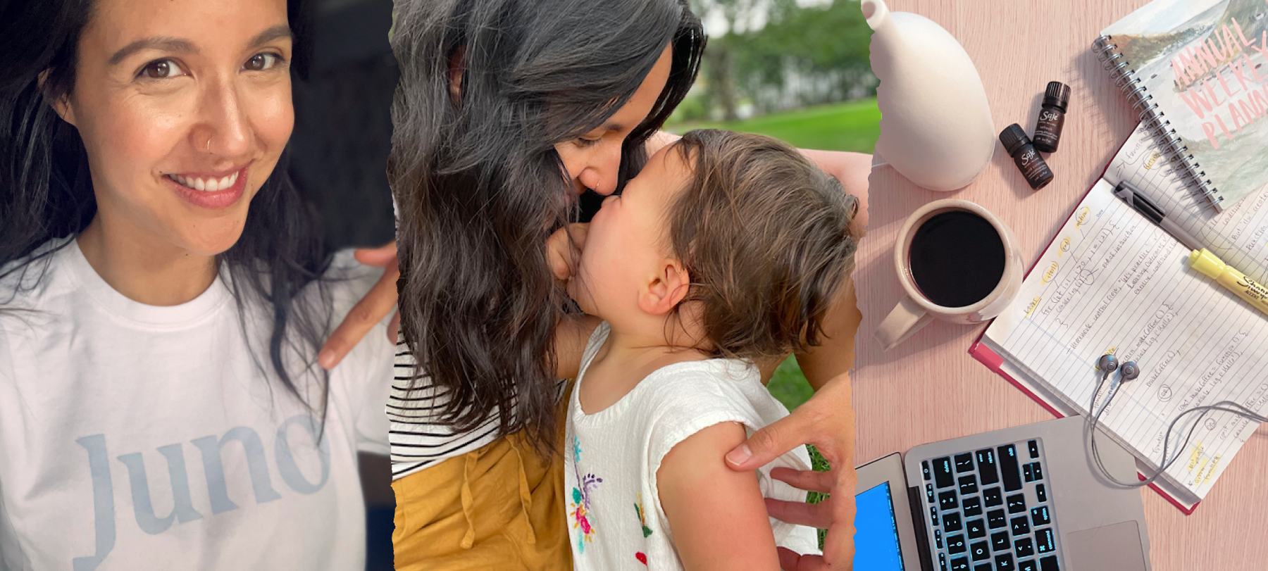 Three photos: Linda Columbus wearing a Juno sweater, Linda touching noses with her baby daughter, a desk spread of a laptop, notebook, and coffee