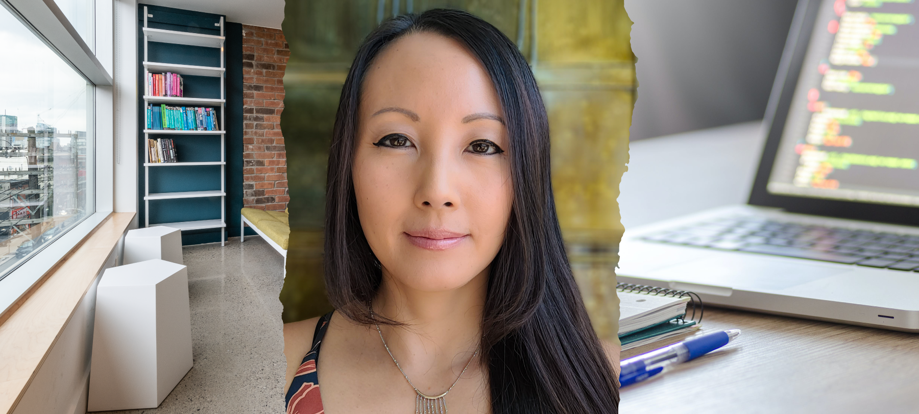 Three photos: Juno's lounge space, a headshot of Amy, and a laptop with coding on it