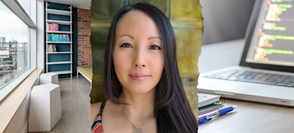 Three photos: Juno's lounge space, a headshot of Amy, and a laptop with coding on it