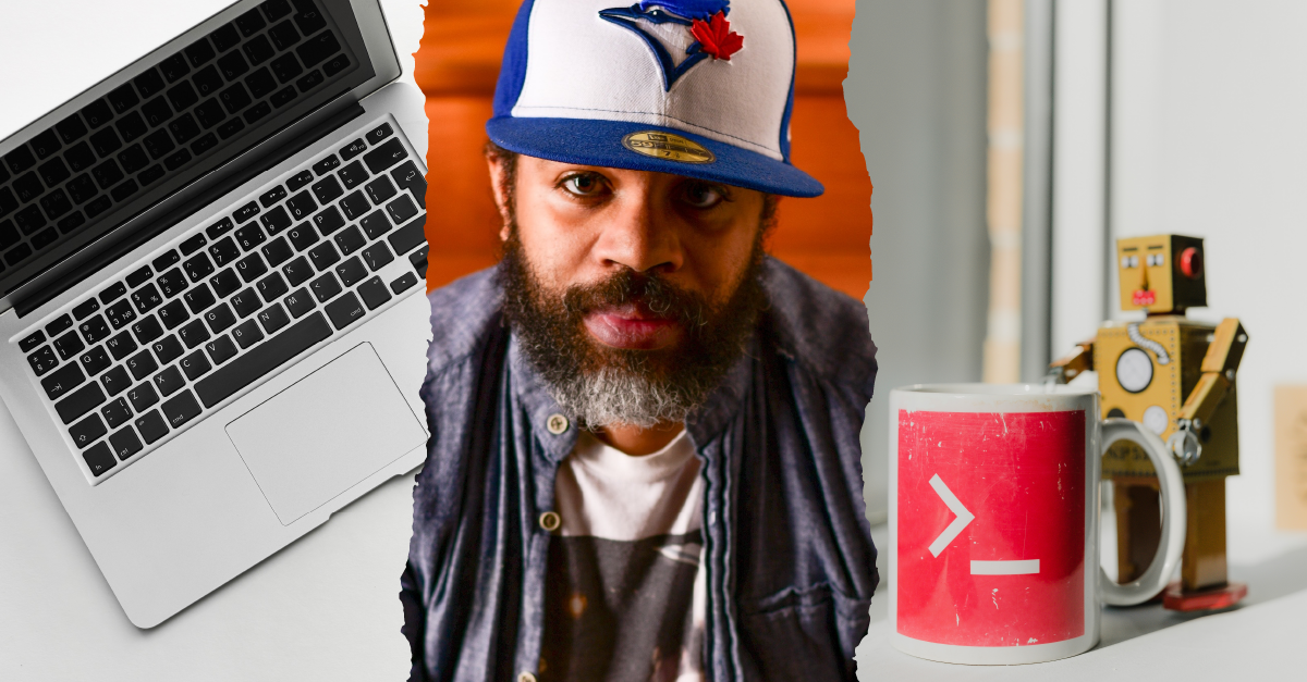 Three images: an open laptop, a headshot of Mandela, and a toy robot behind a Juno-branded coffee mug