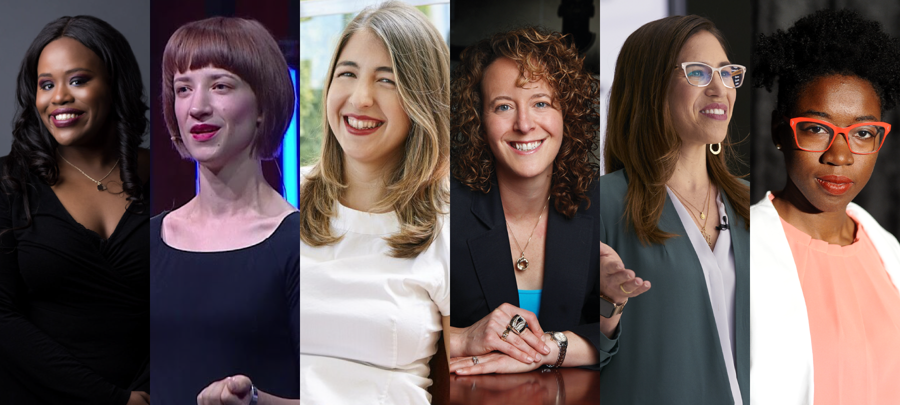 Headshots of Yeshimabeit Milner, Cassie Kozyrkov, Elena Tej Grewal, Jessica Gelman, Yael Garten, and Joy Buolamwini