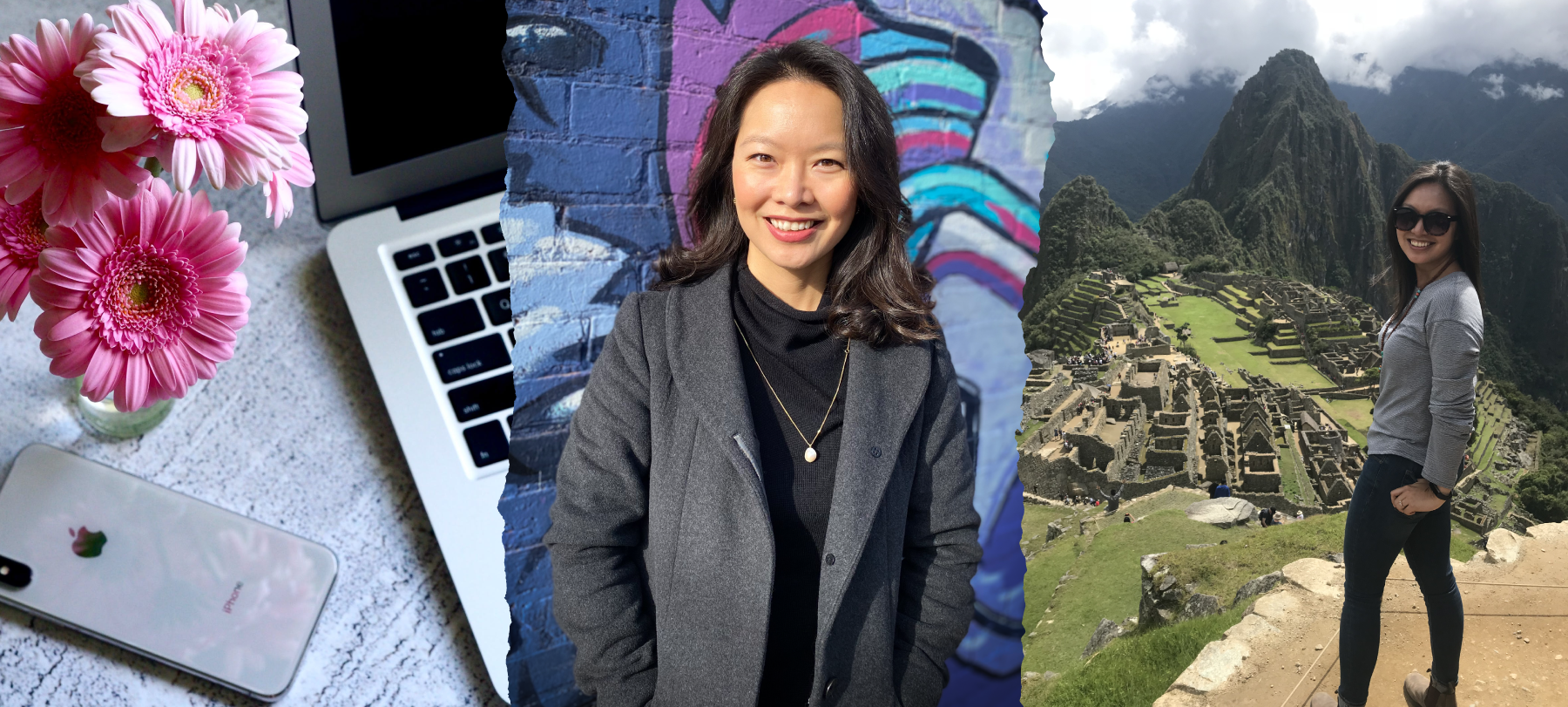 Three photos: a laptop with flowers and a cellphone, Adrienne Lee smiling in front of a graffiti wall, and Adrienne smiling at the top of Machu Picchu in Peru