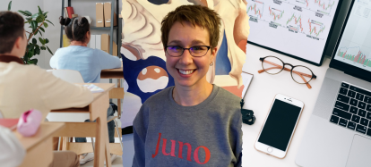 Three photos: high school students in a classroom, Lorien smiling and wearing a Juno sweater, and an overhead shot of a desk with a laptop and tablet with graphs on it