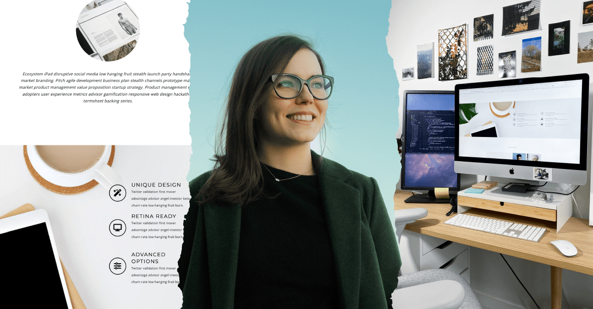 Three images: a screenshot of Fiona's web project, a headshot of Fiona, and Fiona's stunning desktop setup