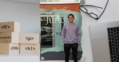 Three images: wooden coding blocks, Gabe Wright standing in front of Juno's campus with a Juno sweatshirt, and a pair of glasses next to a laptop