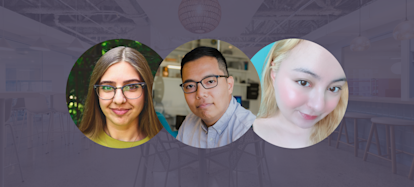 Headshots of Rojhan Paydar, Miguel Bautista, and Sarah Pilato