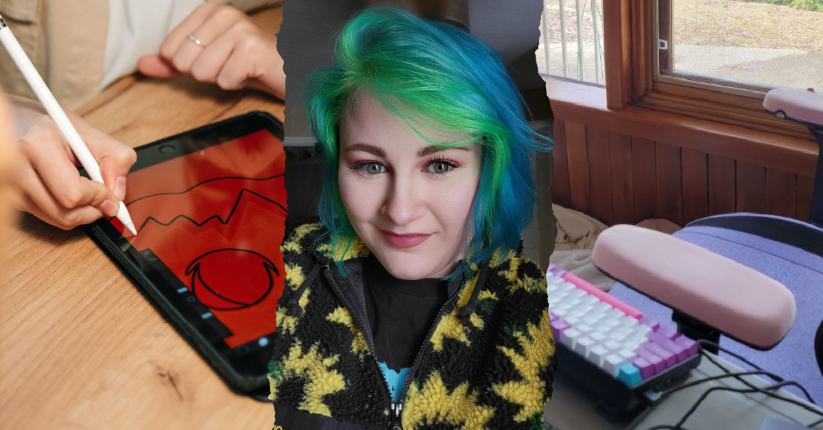 Three images: a hand drawing on a tablet, a headshot of Celeste Ellerby smiling, and a cute desk setup with a pastel mechanical keyboard and computer chair
