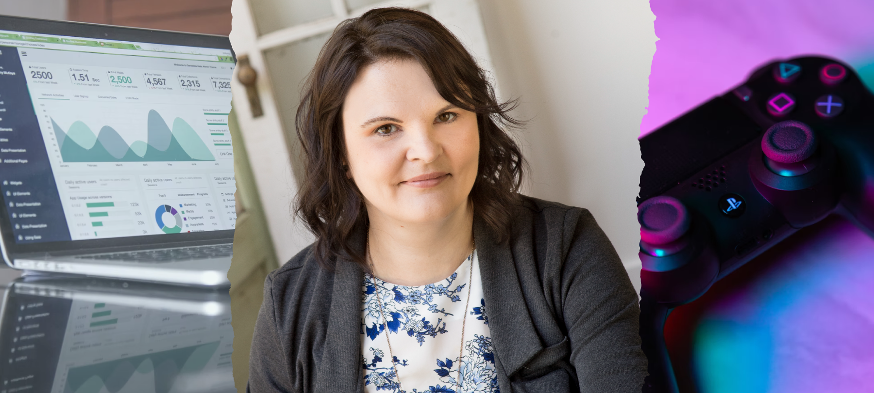Three images: one with data graphs on a laptop, one with a headshot of Jennifer Seaton, one with a video game controller