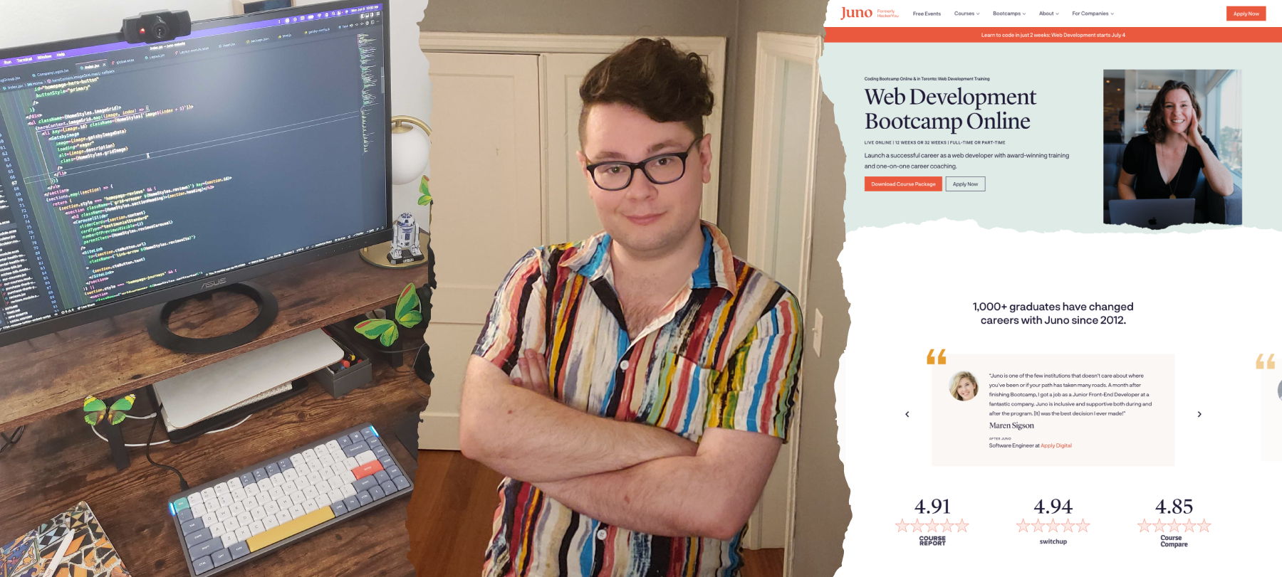 Phil's desk setup with code on the computer, a headshot of Phil smiling, and a screenshot of Juno College's Web Development Bootcamp website page