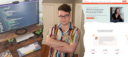 Phil's desk setup with code on the computer, a headshot of Phil smiling, and a screenshot of Juno College's Web Development Bootcamp website page