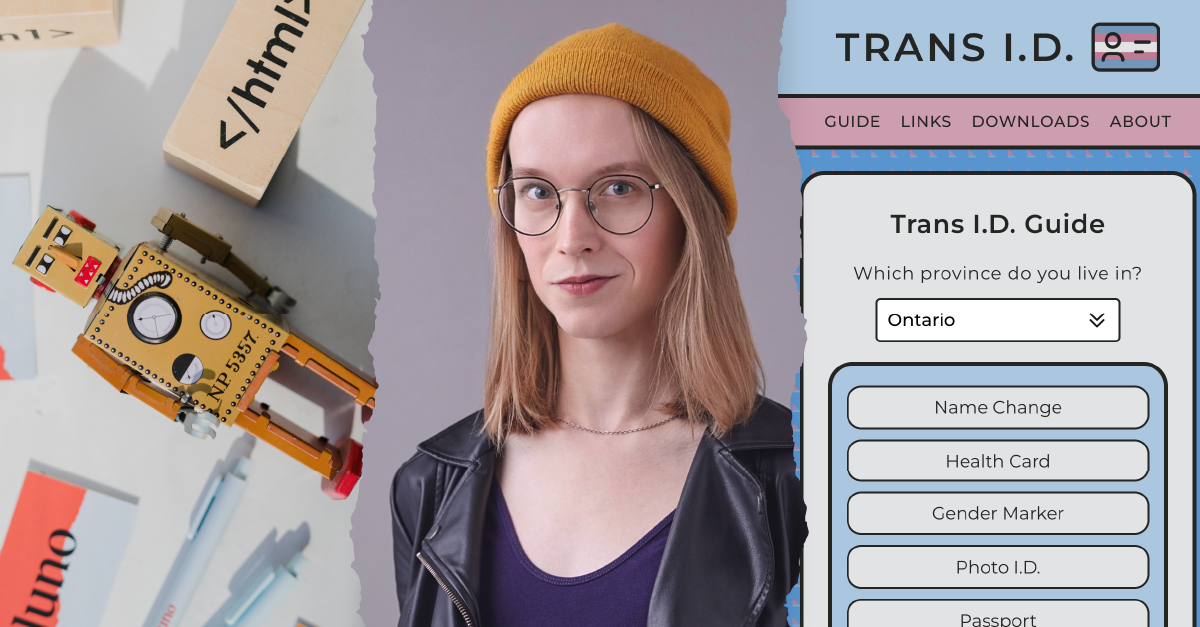 Three photos: a flat lay of a robot, coding block, and Juno pens/business cards; a headshot of Dana Teagle, and a screenshot of the Trans I.D. Guide