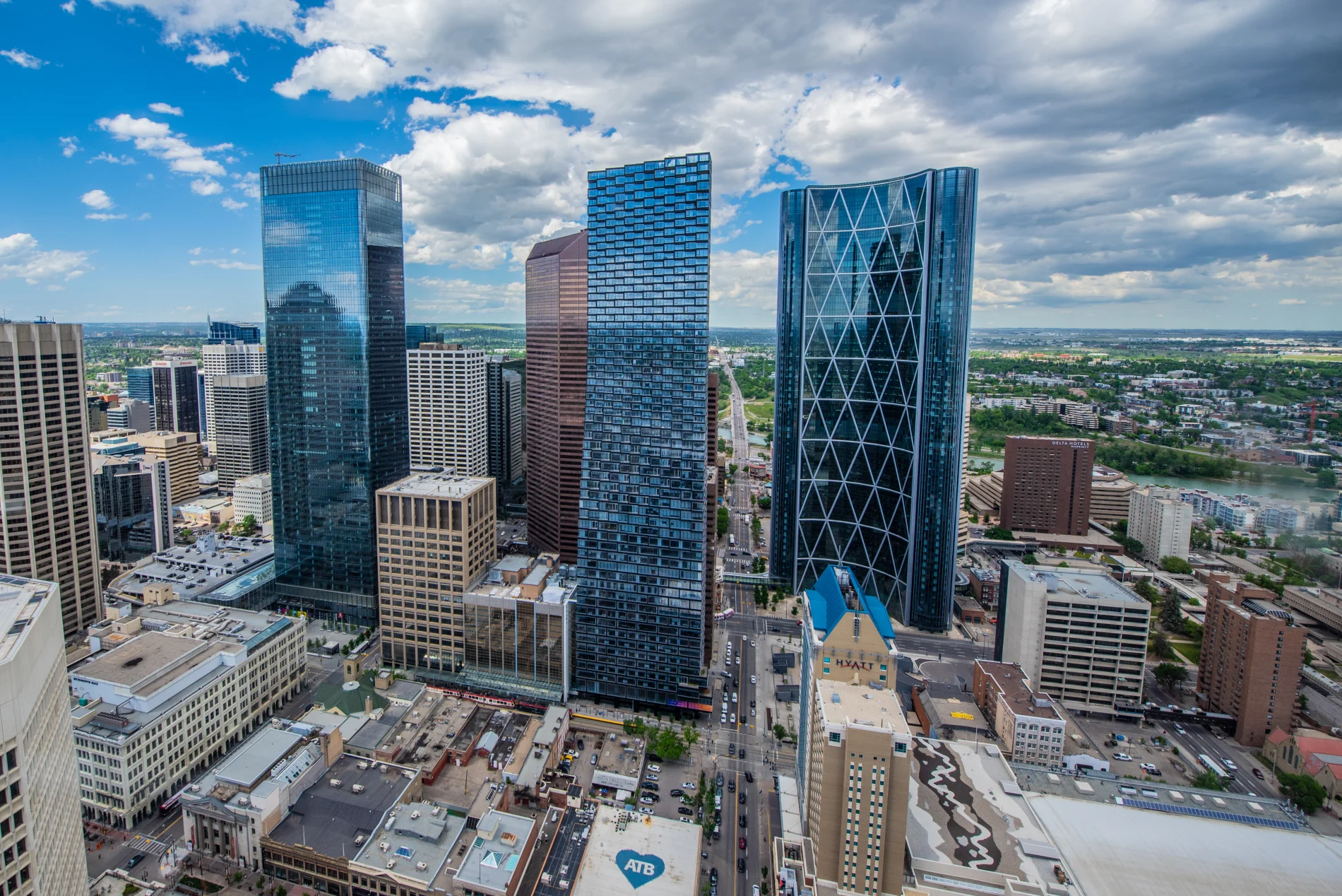 An aerial shot of buildings in Calgary, featuring the new TELUS Sky