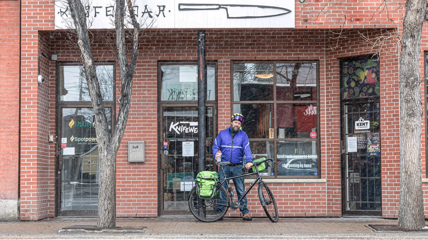 Calgary businessman Kevin Kent standing in front of his store, Knifewear
