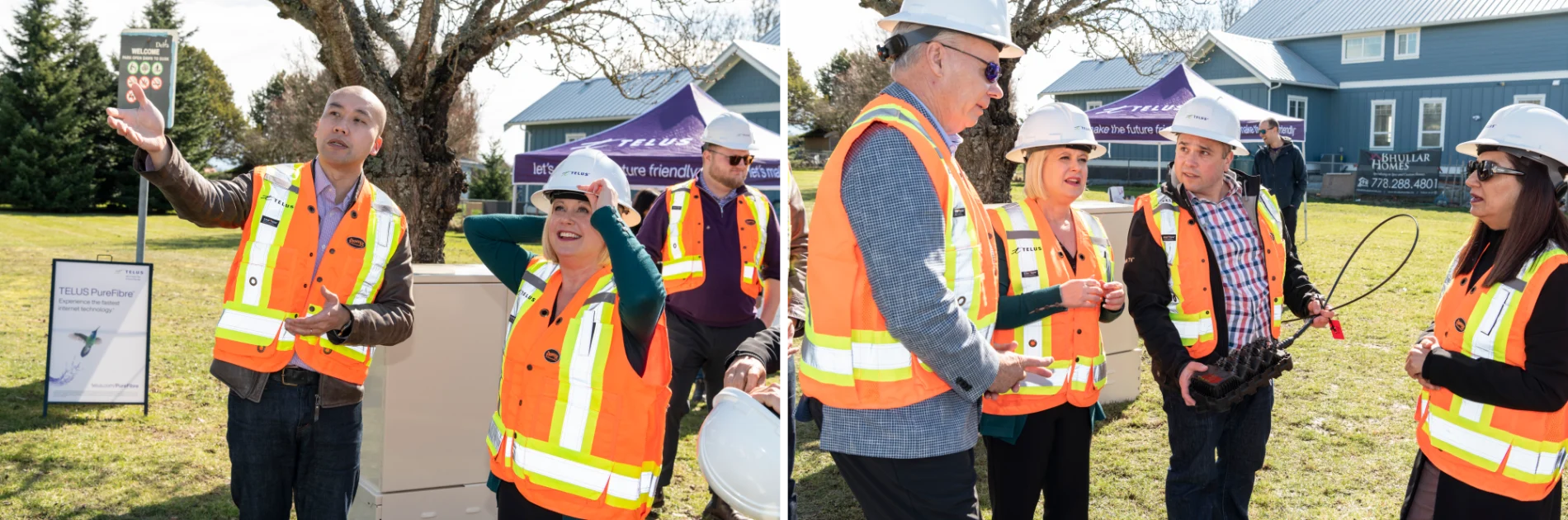 Darin Wong, Manager at TELUS and Hon. Lisa Beare, B.C. Minister of Citizens' Service; Minister Beare, Mayor Harvie and TELUS team members having a conversation.