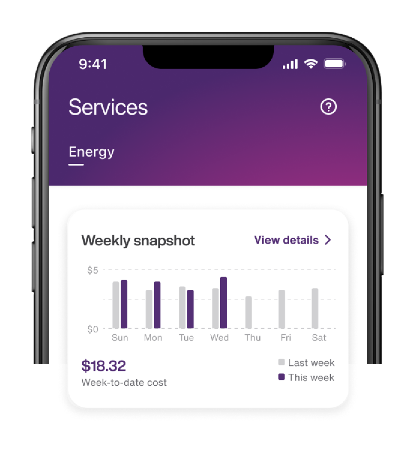 The SmartEnergy dashboard that shows a user their weekly snapshot of energy usage and cost, as well as a link to create a routine to optimize savings and an upcoming energy savings event.