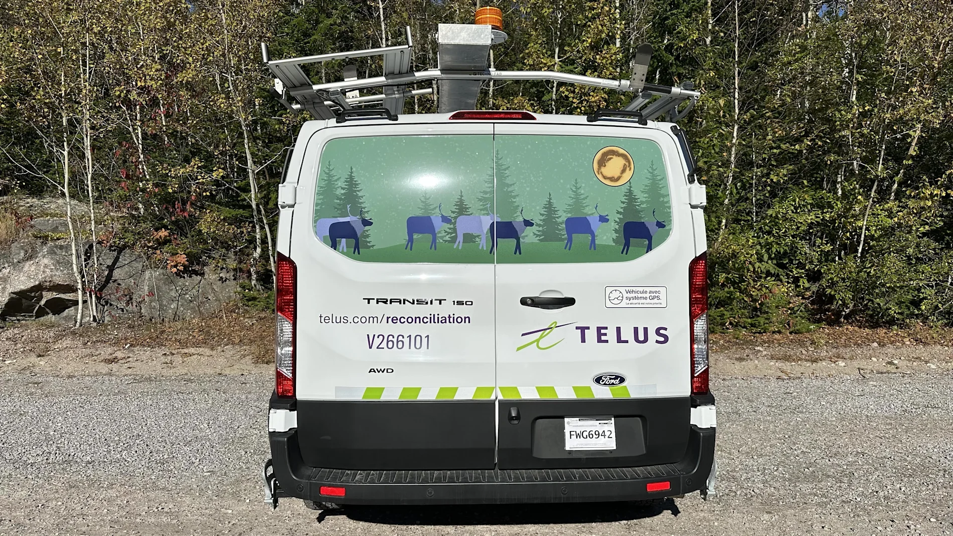 TELUS vehicle wrapped by Innu artist Félicia Vollant-Dubé.