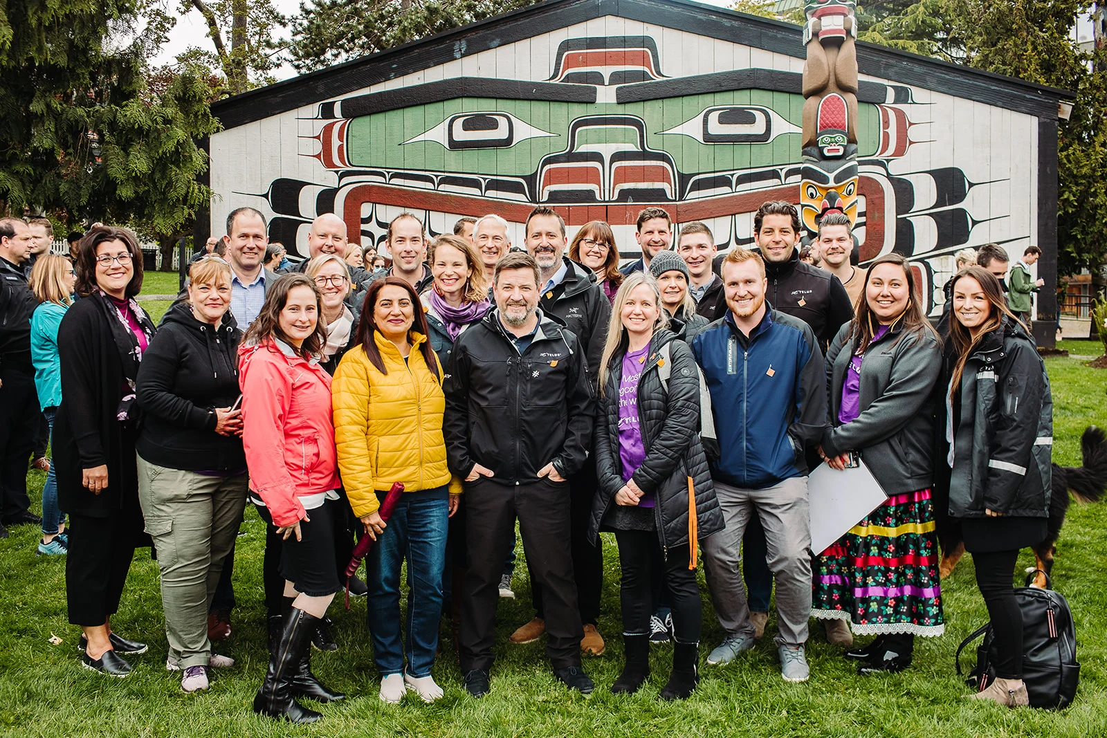 TELUS team members gather at the meeting point for the 2023 Moose Hide Campaign walk in Victoria, B.C. Photographer: Tegan McMartin.