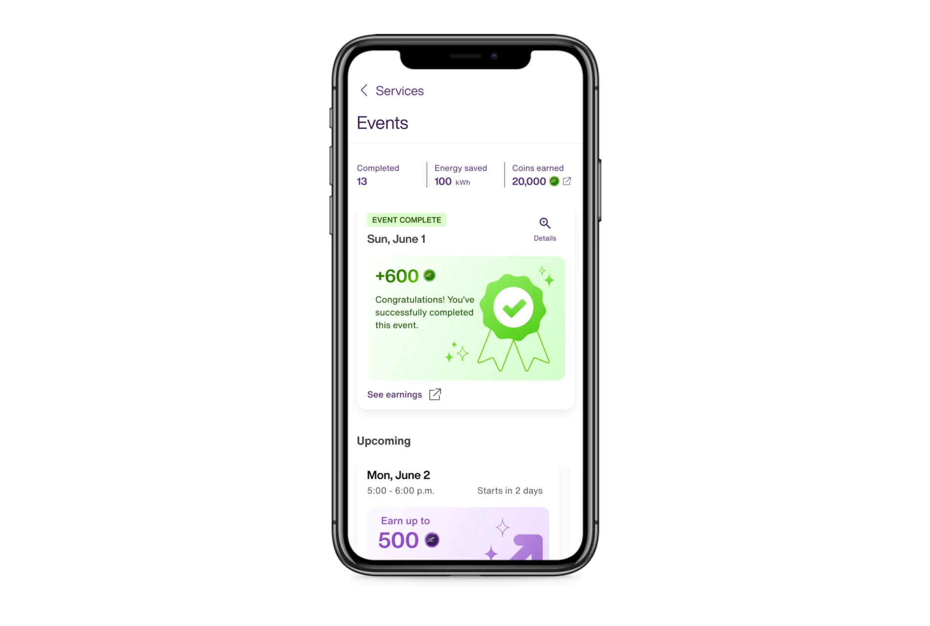 An energy savings event screen from the SmartEnergy app that shows data about a completed energy savings event including the date, how many coins were earned and a link to see more details.