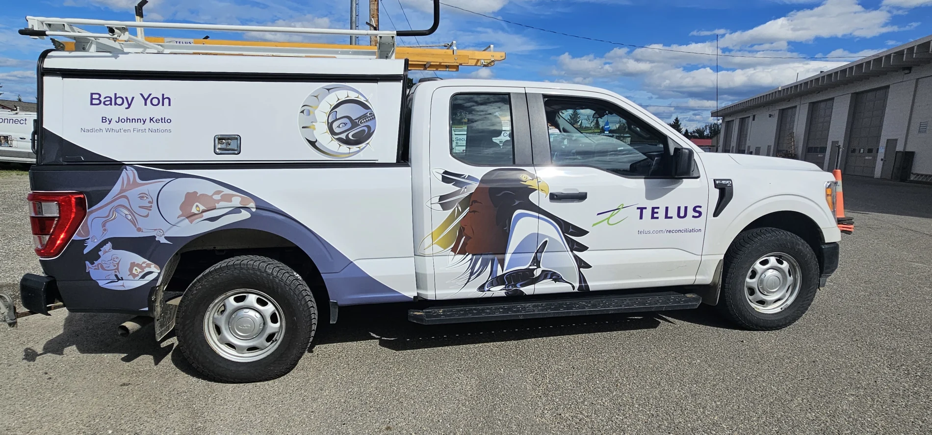 TELUS fleet vehicle featuring artwork by Johnny Ketlo III.