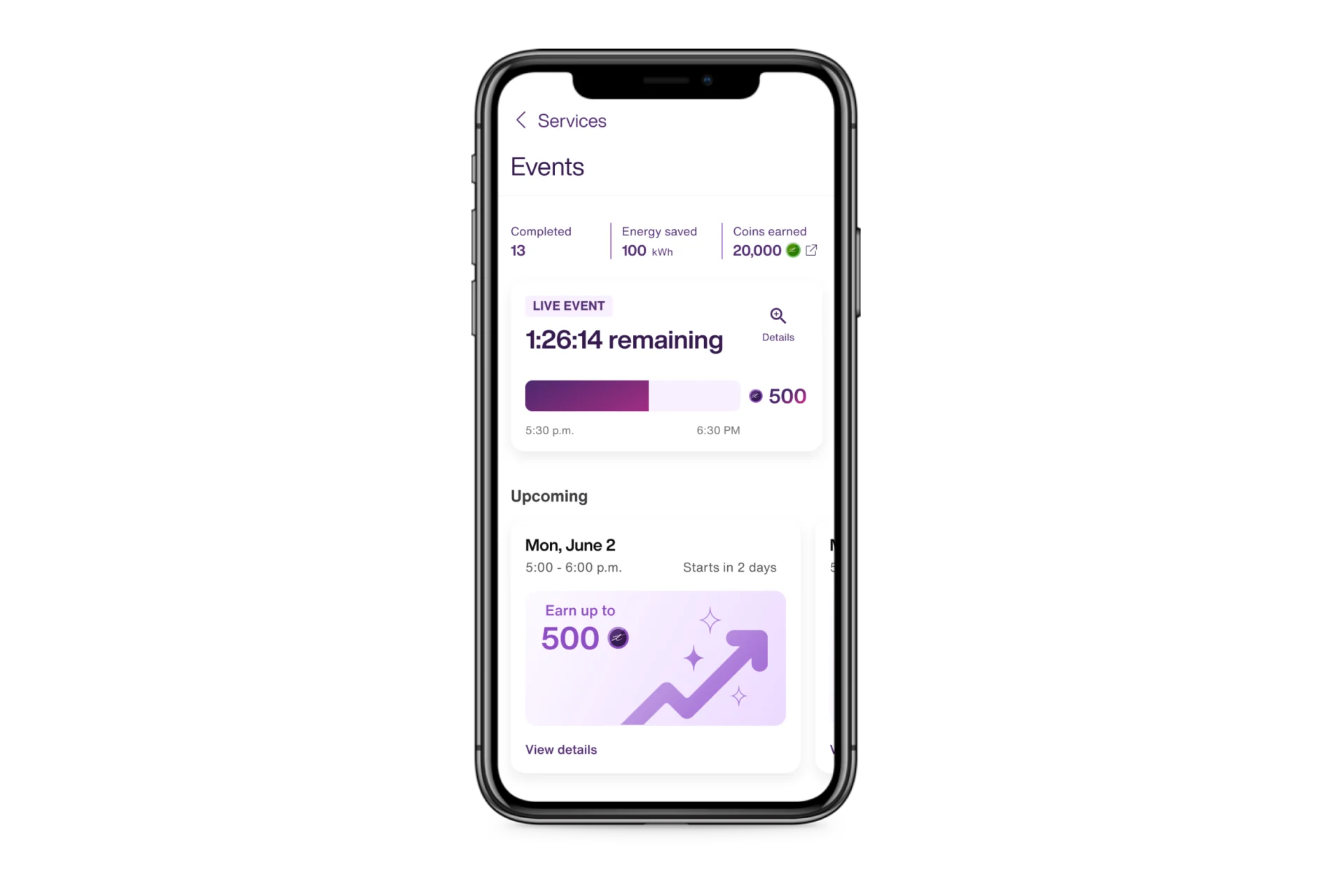 An energy savings event screen from the SmartEnergy service that shows data during a live energy savings event such as the time remaining and how many coins can be earned if the event is successfully completed.