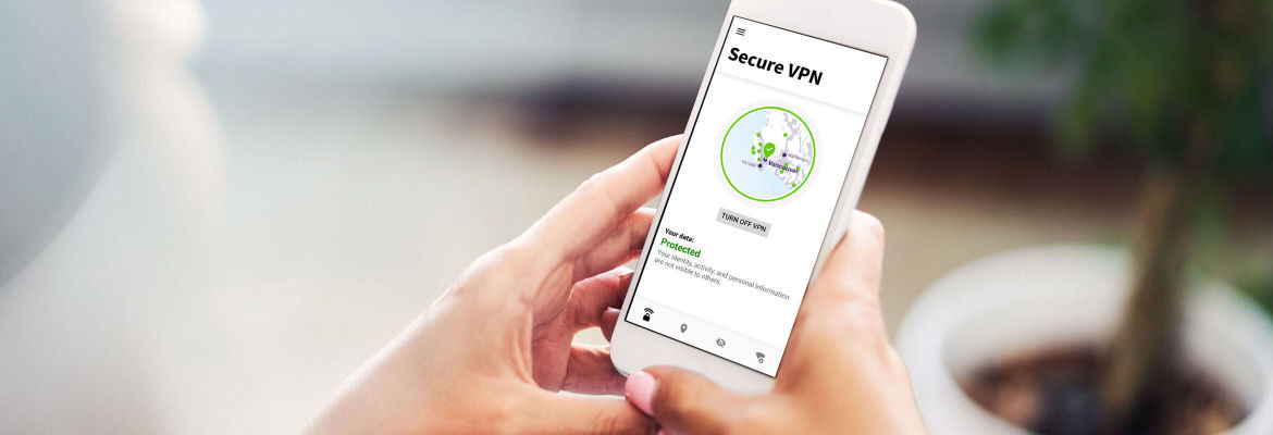 Image of a person viewing a secure VPN interface on a smartphone