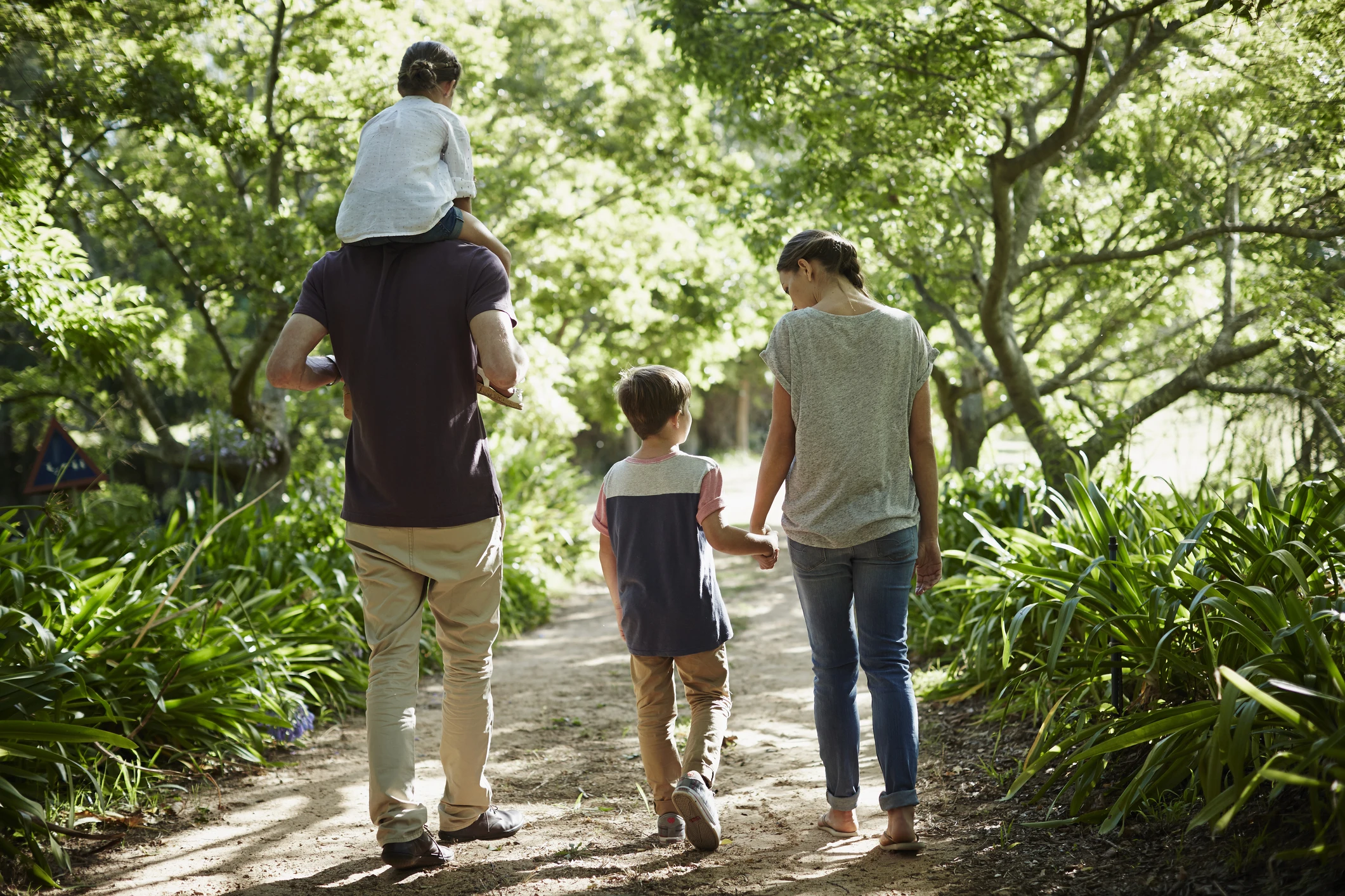 Family walking in forest enjoying time together