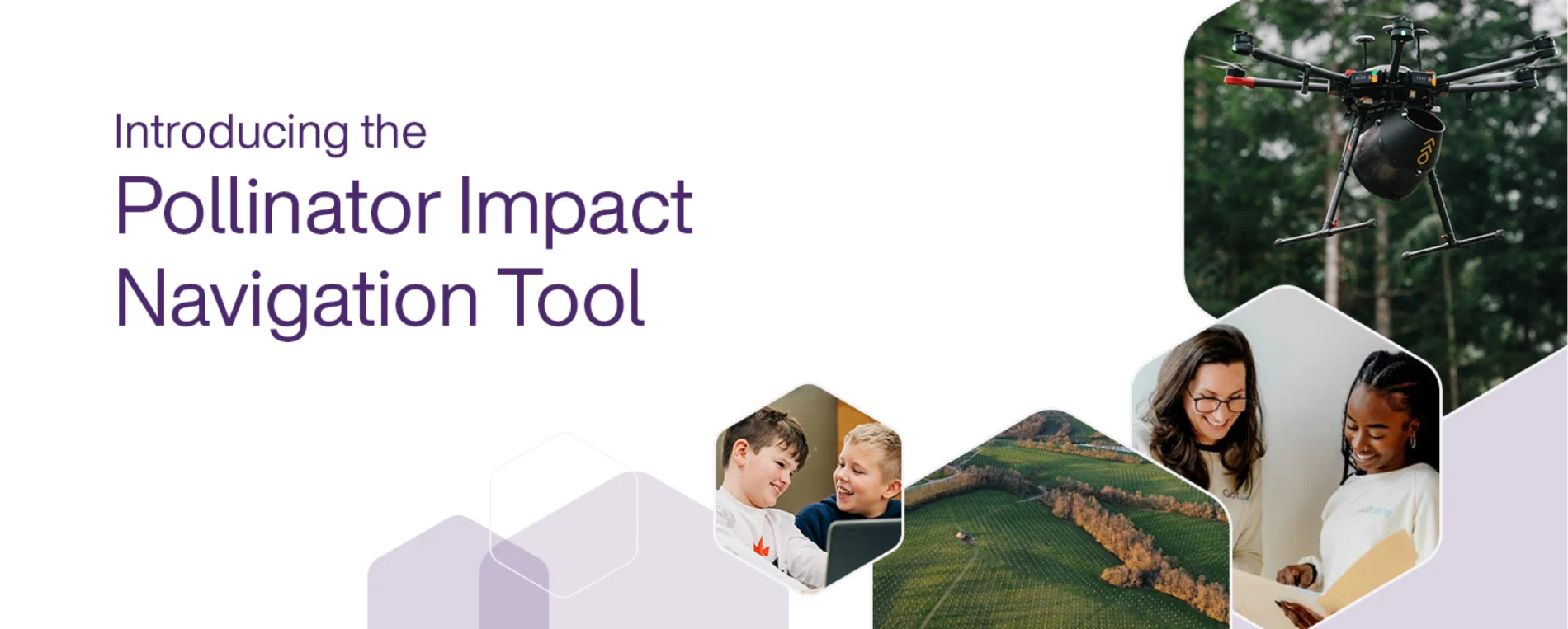 A Pollinator Impact Navigation Tool banner with images of a drone in a forest, two healthcare professionals, farm land and two students using a laptop.