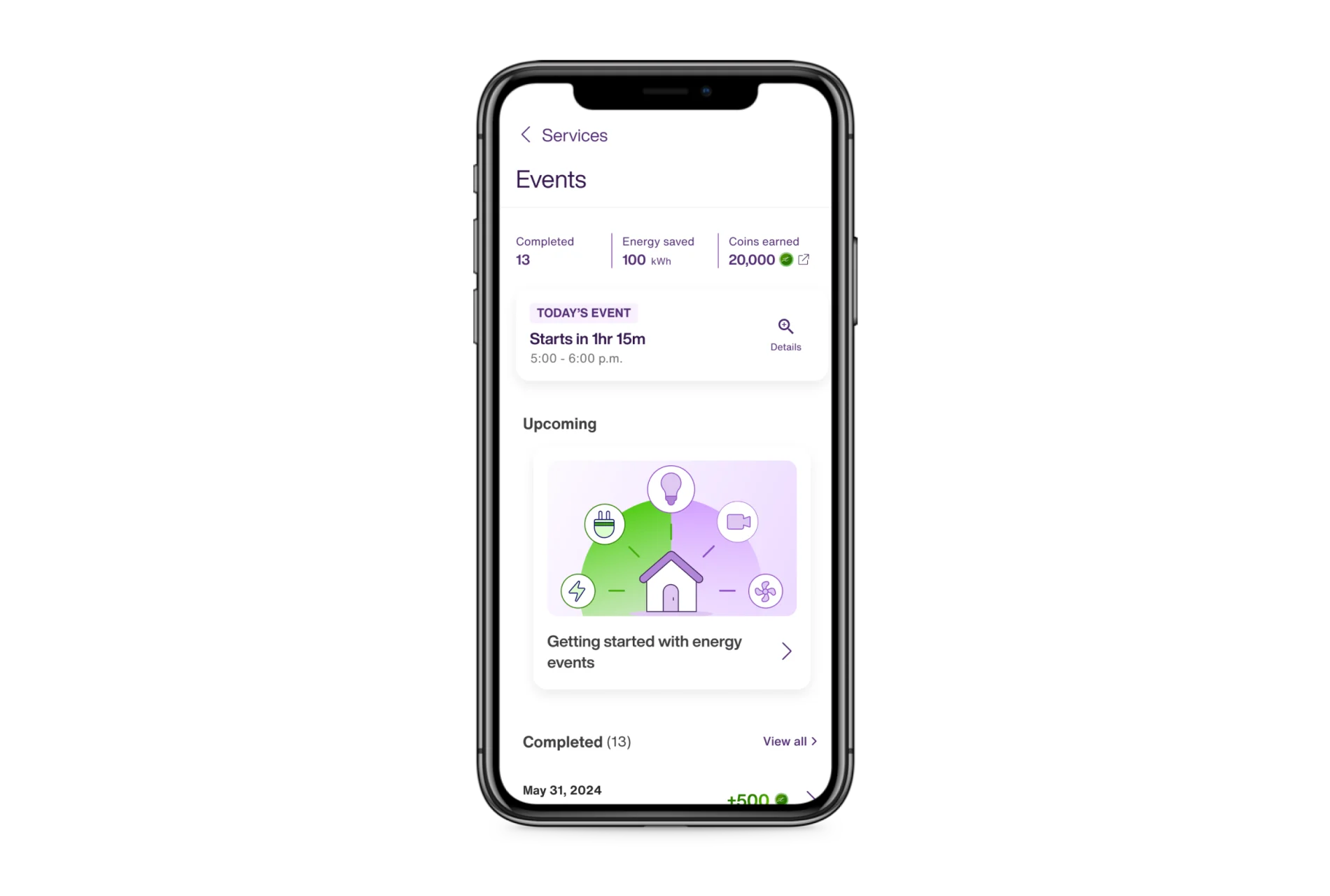 An energy savings event screen from within the SmartHome+ app that shows data about how many events have been completed, energy saved, TELUS Coins earned, and upcoming events.