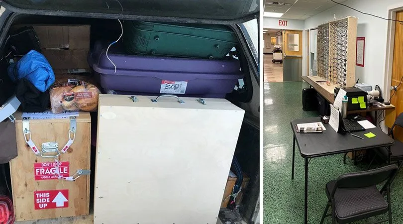 (left) Car packed with suitcases and bags; (right) a remote clinic.  