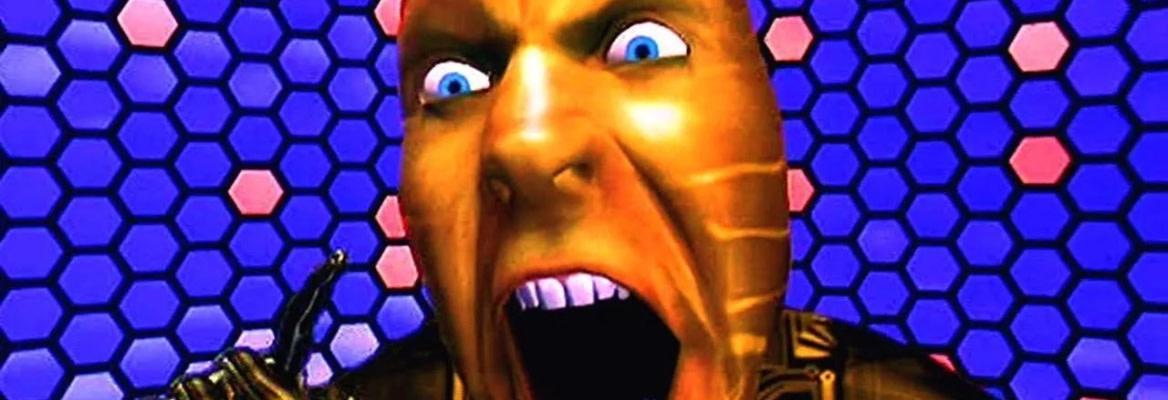 A scene from the movie, The Lawnmower Man where a 90s style 3D graphic of a man screaming angrily is show on a geometric background