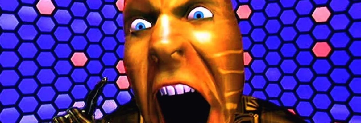 A scene from the movie, The Lawnmower Man where a 90s style 3D graphic of a man screaming angrily is show on a geometric background
