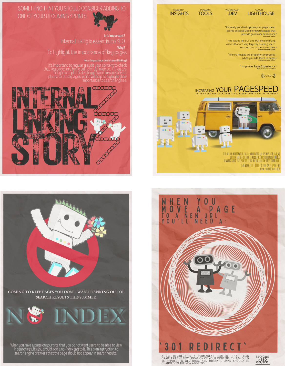 4 movie posters in the style of West Side Story, Little Miss Sunshine, Ghostbusters, and Vertigo