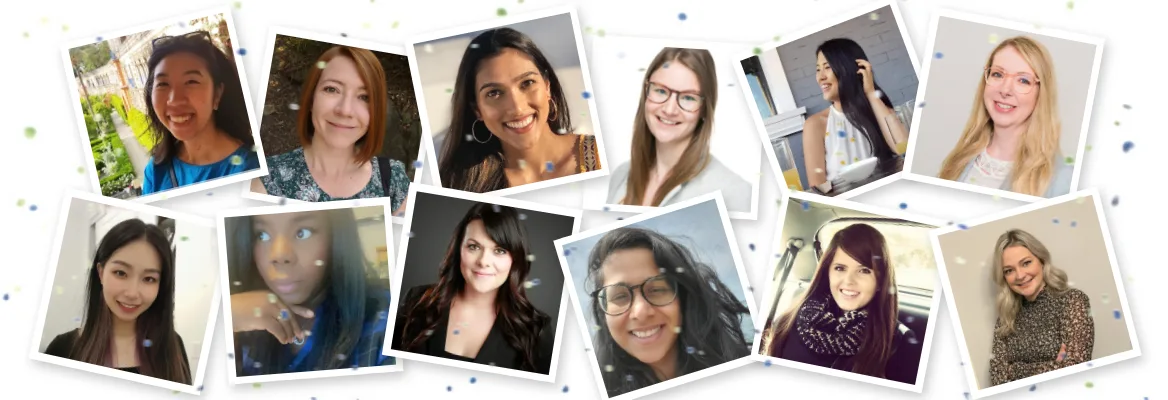 A diverse group of women's photos appear on a background strewn with confetti