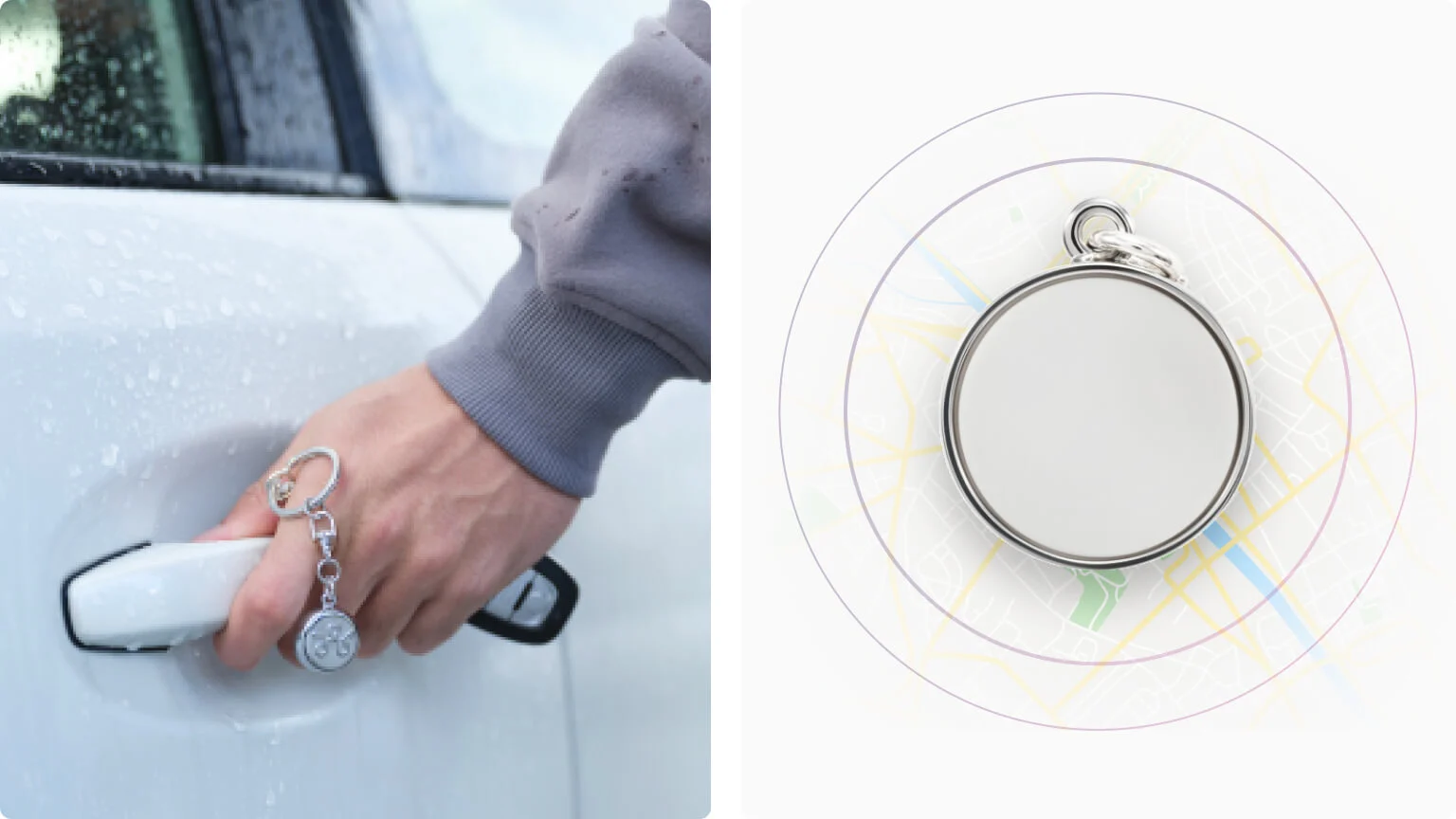 An image with the TELUS and Invisawear logos together, showing the TELUS SmartWear security device in someone’s hand as part of their key chain, and emitting a signal to indicate location.