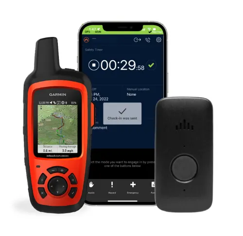 A walkie talkie and smartphone display the TELUS Connected Worker fall detection and GPS features.