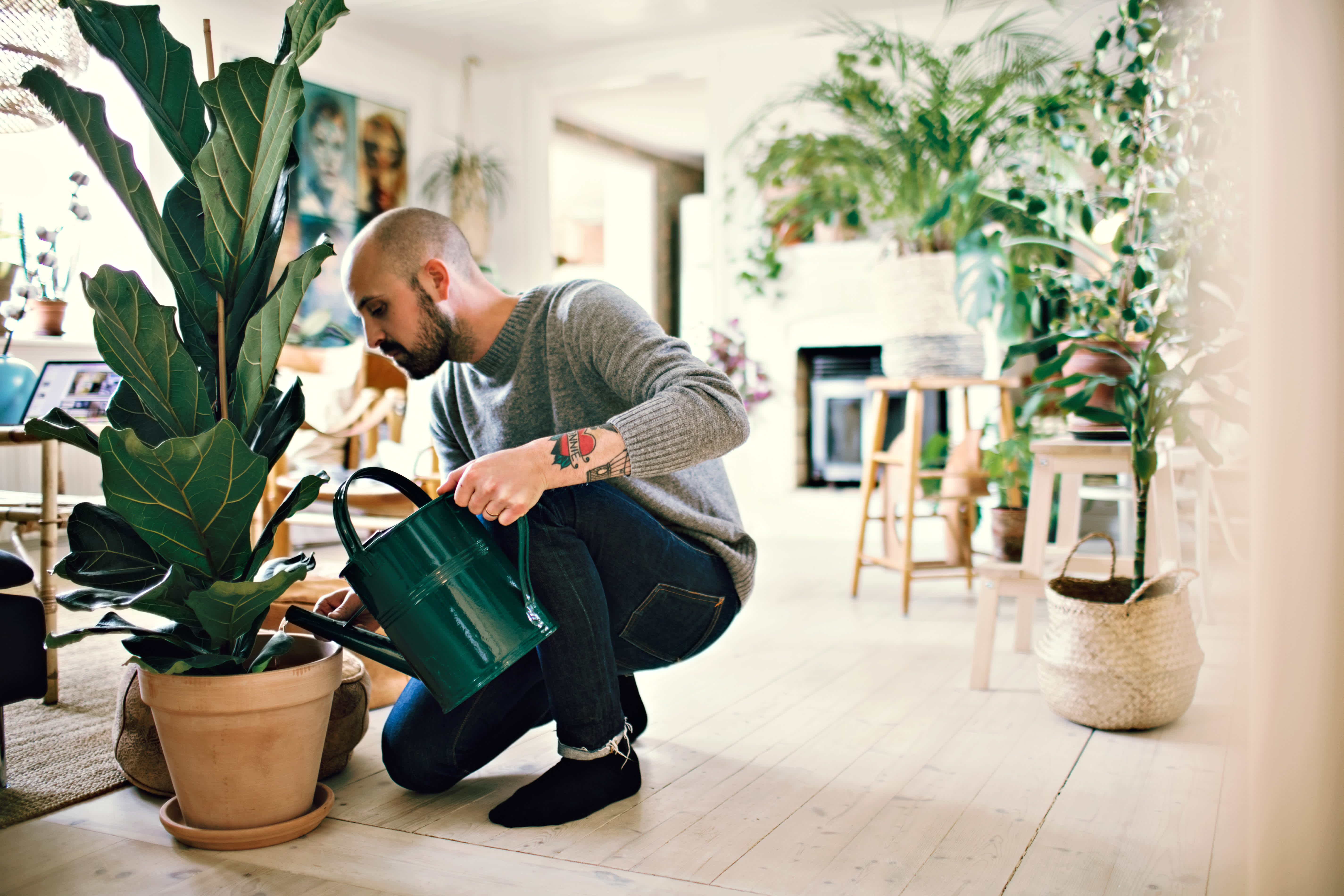 Man watering his house plants as part of his spring cleaning routine for his mental health and overall wellness.