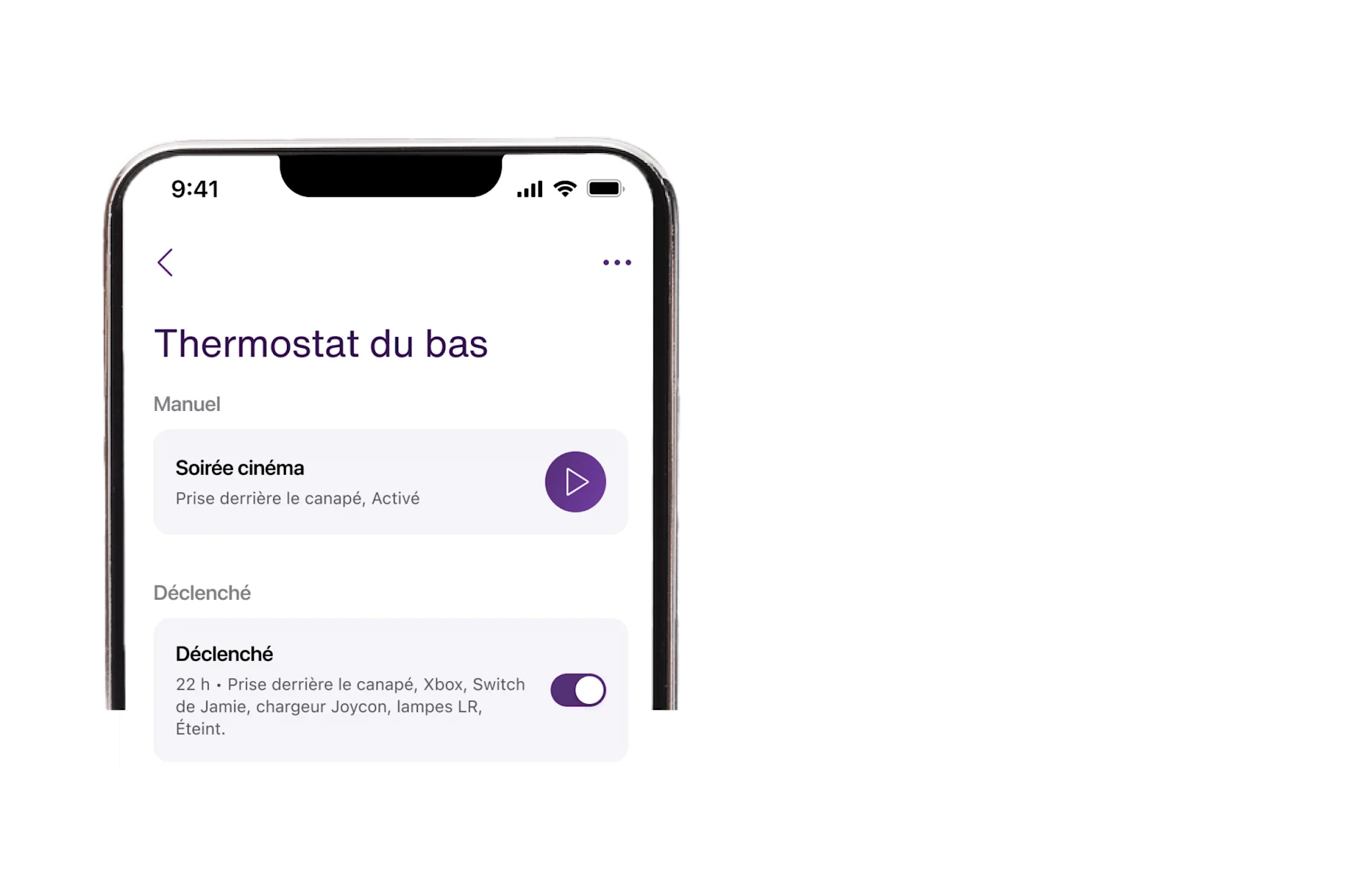 Un écran d’appareil mobile montre un exemple de routine du thermostat de la chambre qui indique quand il sera allumé et éteint.