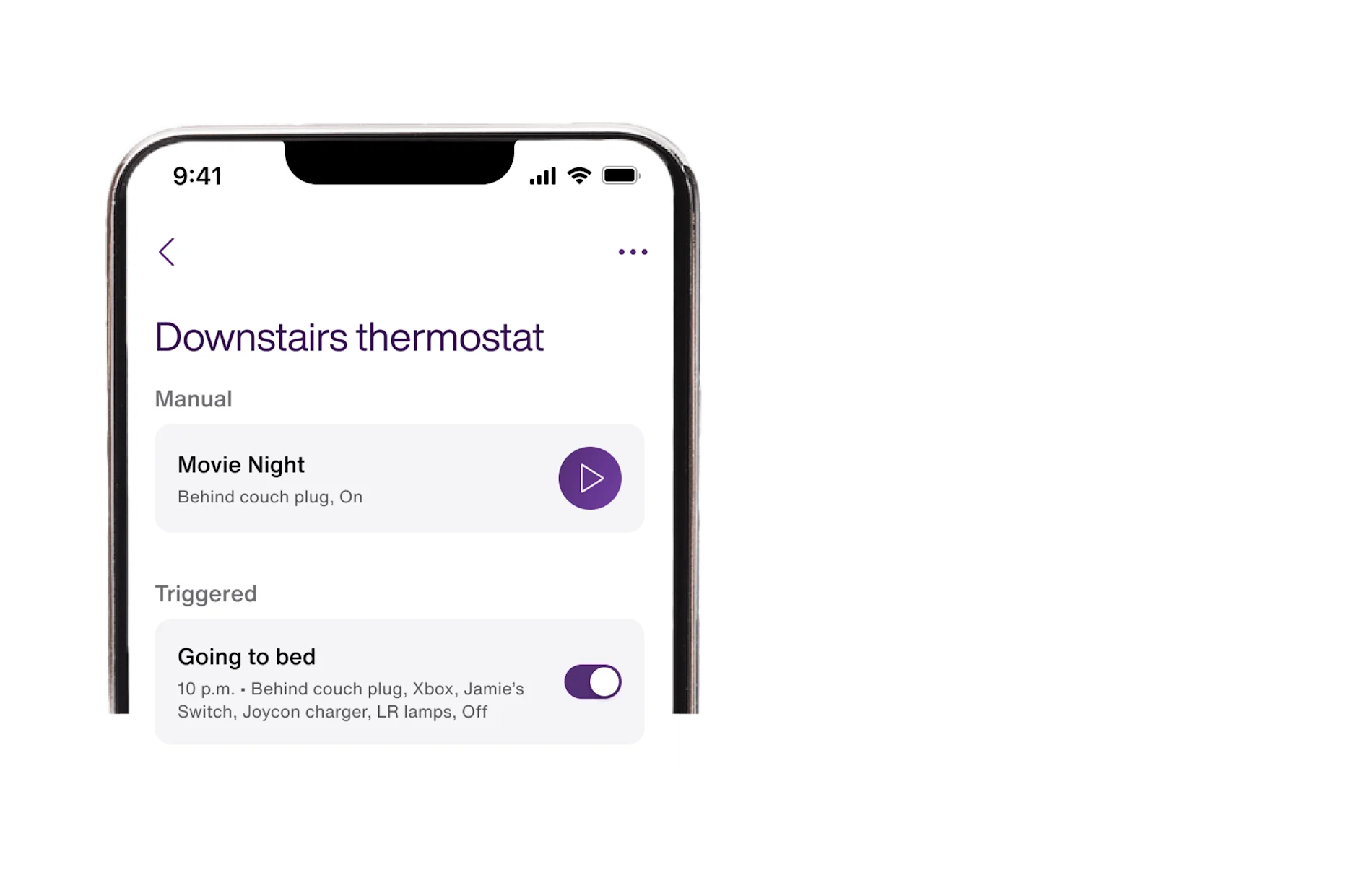 A mobile device screen showing a sample bedroom thermostat routine that indicates when it turns on and off.