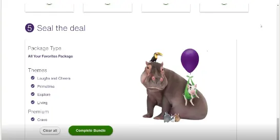 A mockup of a screen from the TELUS web site with the title "Seal the deal" and a photo of a hippopotamus, some rabbits, a toucan, and a pig being hoisted by a purple balloon