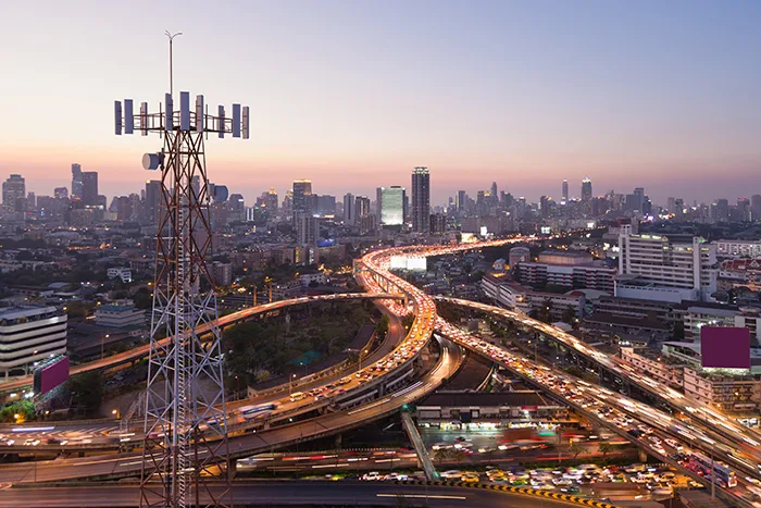 A busy highway in a big city.