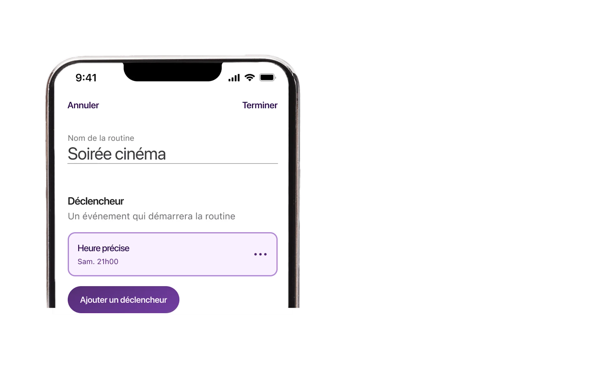 Un écran de routine du service Énergie
intelligente qui affiche la routine d’une lampe de chevet branchée sur une prise
intelligente.