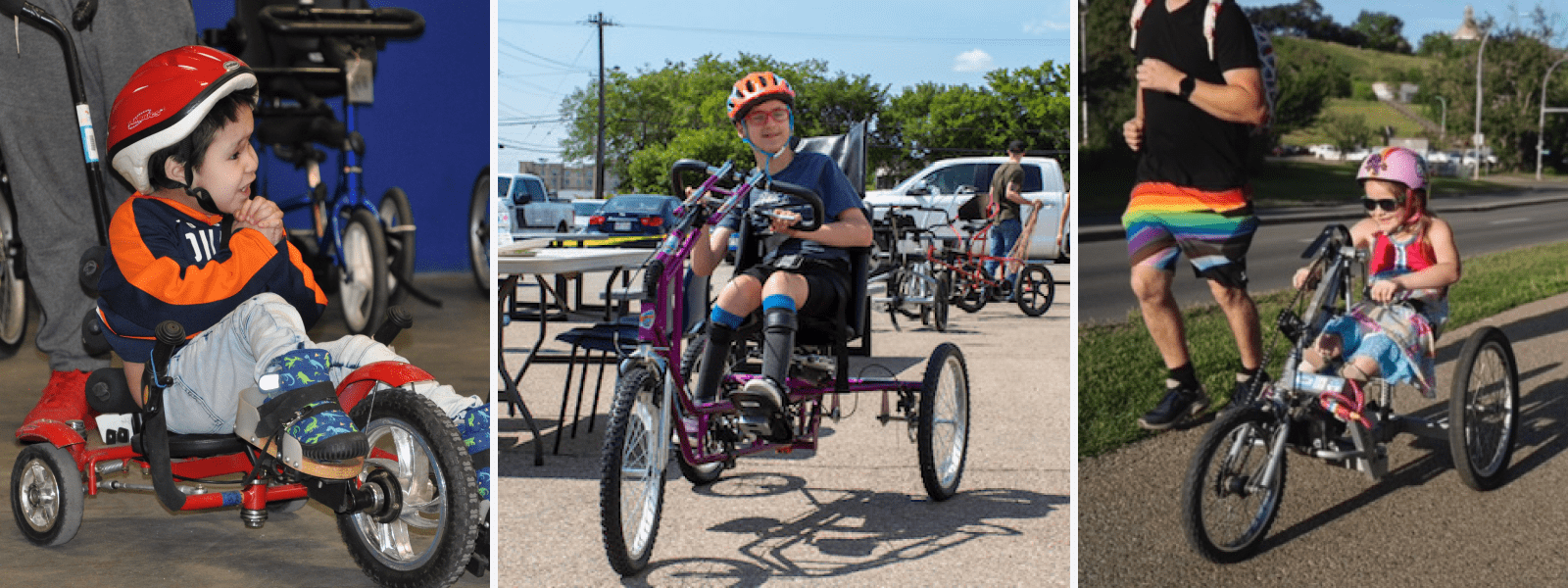 Young boy riding his modified bike in Goodwill of Alberta’s warehouse; A male youth with a physical disability posing for a photo on his modified bike; Girl in sunglasses riding a three-wheeled bike alongside her father.