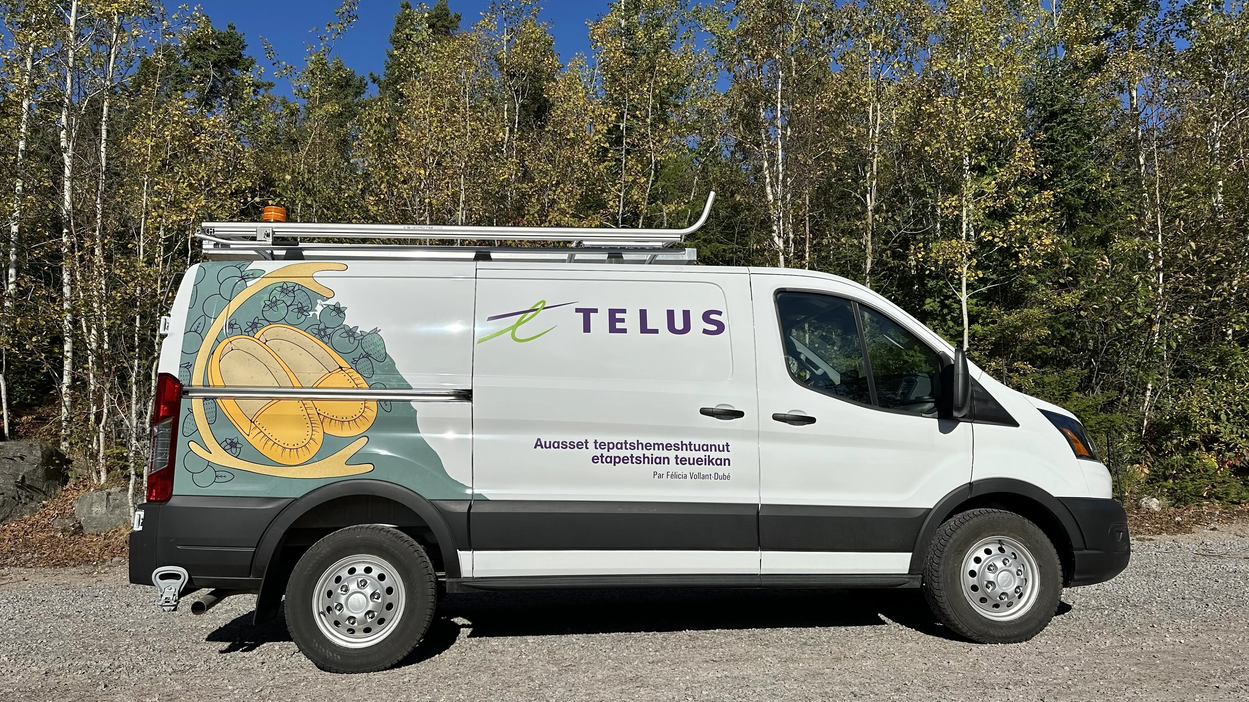 TELUS vehicle wrapped by Innu artist Félicia Vollant-Dubé.