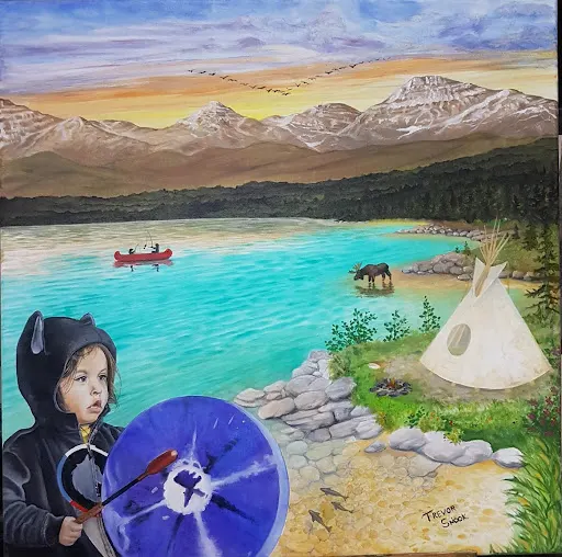 Fibres of our Connection, an original painting by Trevor Snook, depicting a young drummer surrounded by land and water.