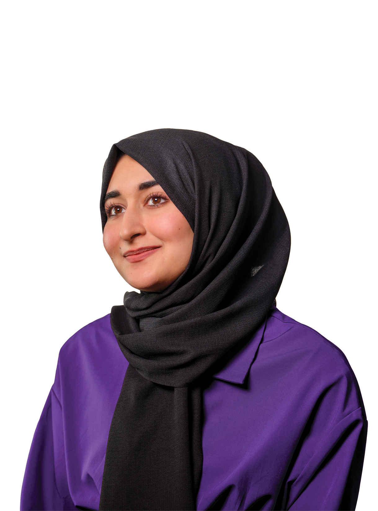Headshot of Maryam in a purple shirt and black head scarf 