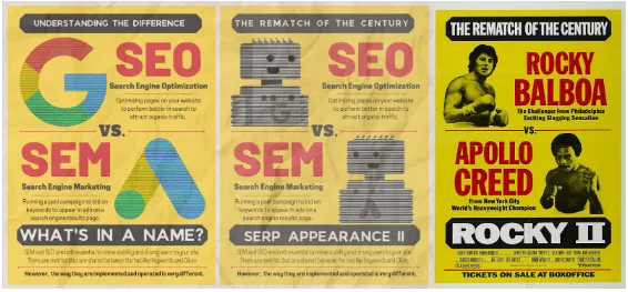 3 movie poster graphics, the first depicting SEO vs. SEM, the 2nd showing the same content, but with the addition of Googlebot robot characters, the 3rd showing a poster for the movie Rocky II in the style of a boxing match poster